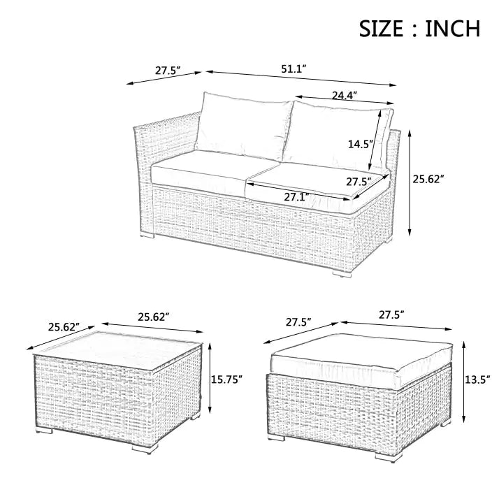 Patio Furniture, Outdoor Furniture, Seasonal PE Wicker Furniture, 4 Set Wicker Furniture With Tempered Glass Coffee Table size dimensions diagram
