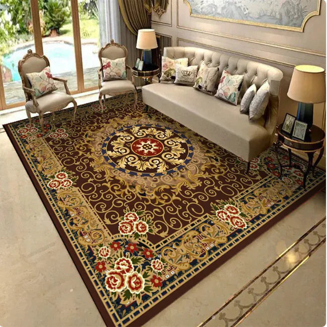 Portable Islamic Prayer Mat – Non-Slip, Travel-Friendly Rug with rich brown, gold, and red ornate floral medallion design in cozy living room