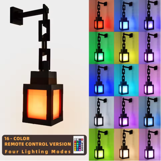 Pixel Style RGB Lantern Light showing modern black lantern with colorful ambient LED lighting in sixteen different hues on white background