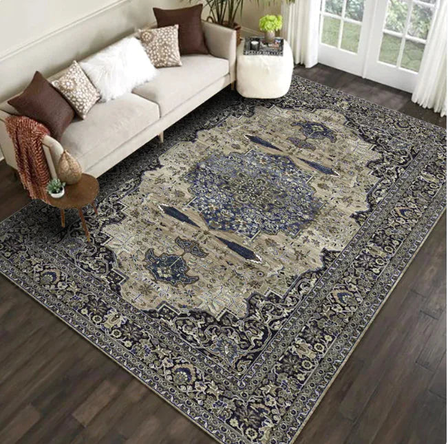Portable Islamic Prayer Mat – Non-Slip, Travel-Friendly Rug with detailed navy blue and beige floral medallion design in cozy living room