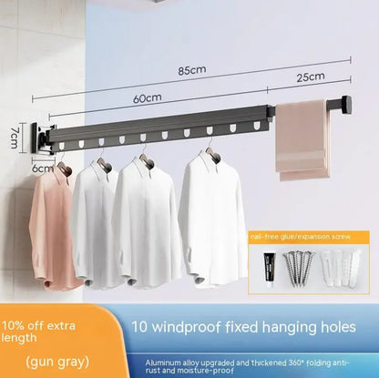 Retractable Aluminum Suction Cup Clothes Hanger with 10 windproof fixed holes and extendable gun gray aluminum arm