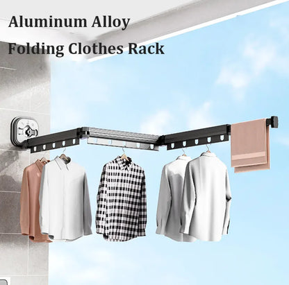 Retractable Aluminum Suction Cup Clothes Hanger with foldable aluminum arms and multiple hanging slots for shirts and towels outdoors