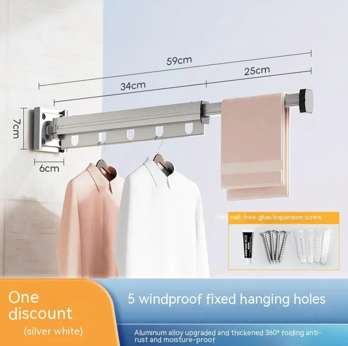 Retractable Aluminum Suction Cup Clothes Hanger with 5 windproof holes and extendable 59cm aluminum rod for space-saving drying