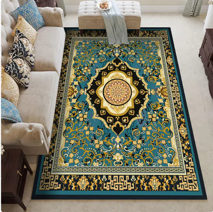 Portable Islamic Prayer Mat – Non-Slip, Travel-Friendly Rug with detailed teal, gold, and black ornamental pattern in bright living room