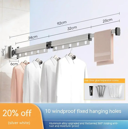 Retractable Aluminum Suction Cup Clothes Hanger with 10 hooks, foldable design, and included installation kit for space-saving drying