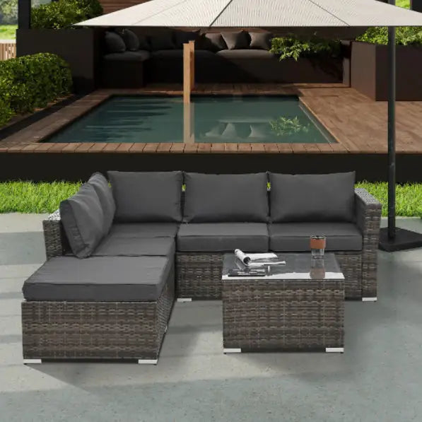 Patio Furniture, Outdoor Furniture, Seasonal PE Wicker Furniture, 4 Set Wicker Furniture With Tempered Glass Coffee Table in gray cushions