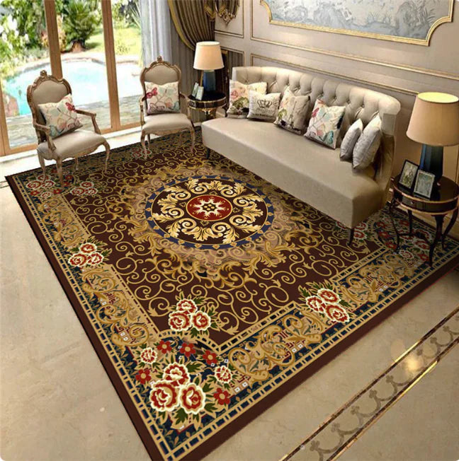 Portable Islamic Prayer Mat – Non-Slip, Travel-Friendly Rug with rich brown, red, and gold ornate medallion design in luxurious room