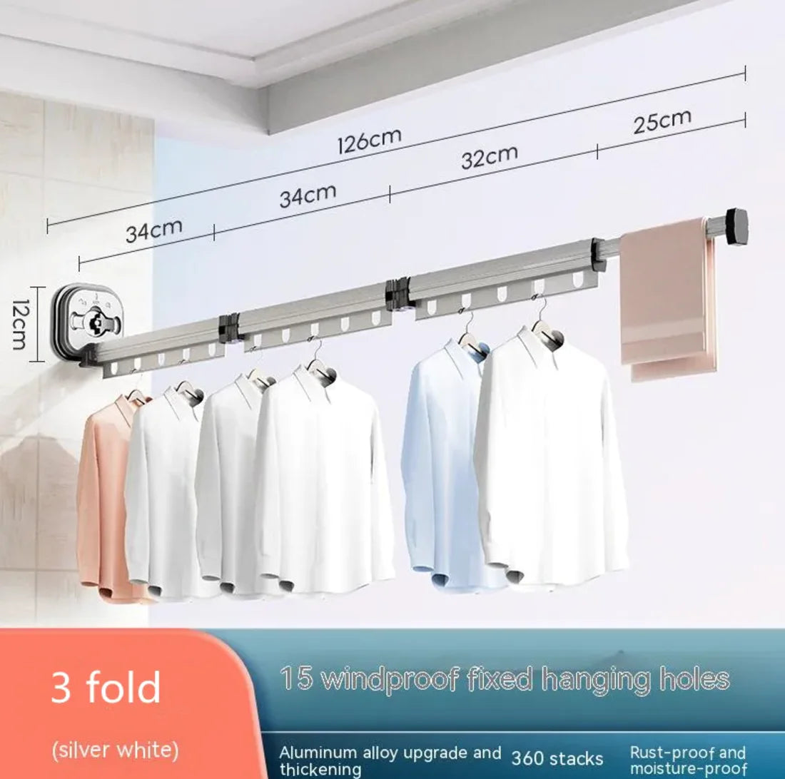 Retractable Aluminum Suction Cup Clothes Hanger with 15 windproof holes and 3-fold extendable 126cm aluminum rod for drying shirts