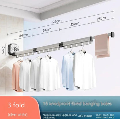 Retractable Aluminum Suction Cup Clothes Hanger with 15 windproof holes and 3-fold extendable 126cm aluminum rod for drying shirts