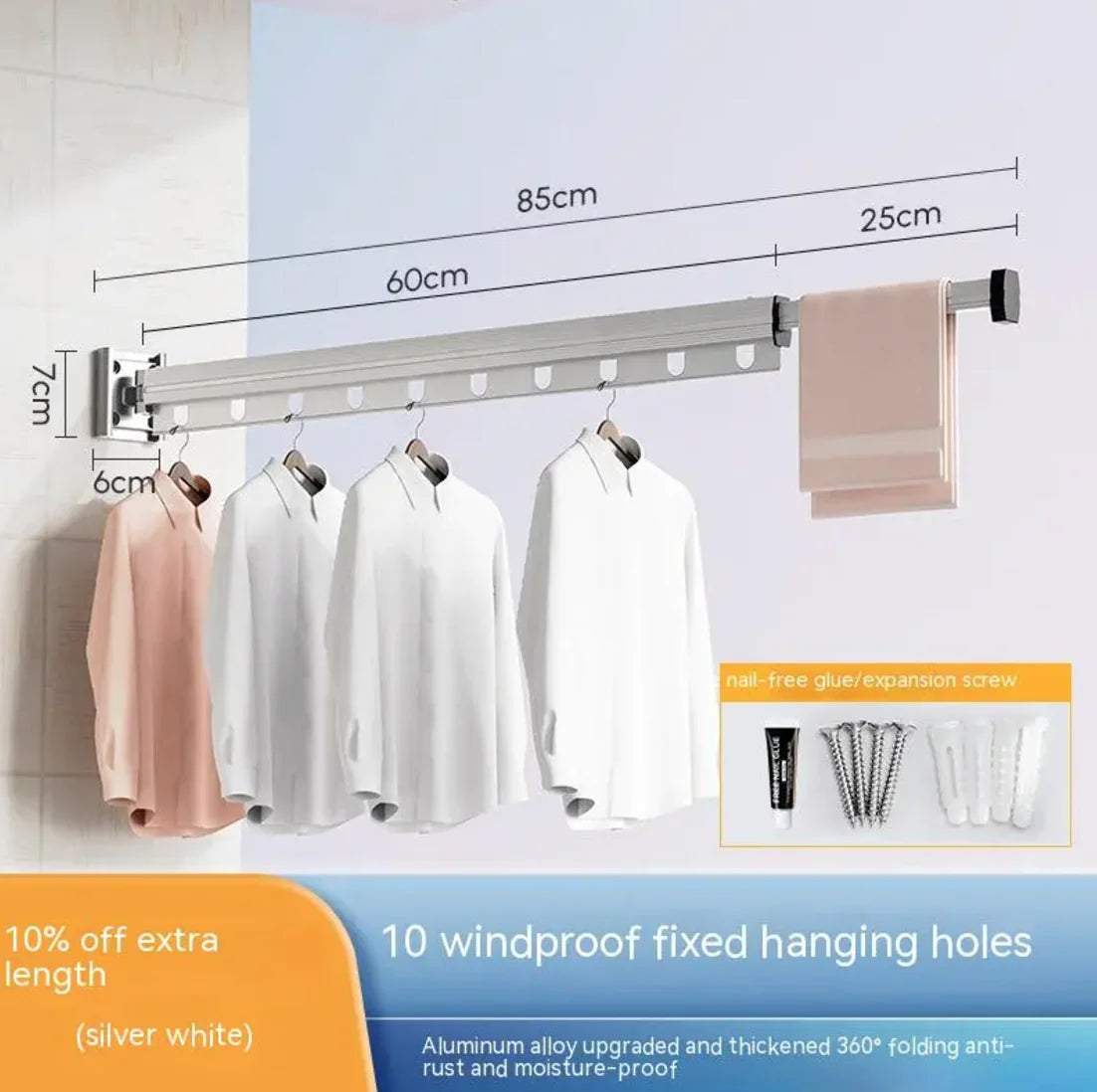 Retractable Aluminum Suction Cup Clothes Hanger with 10 windproof holes and extendable 85cm aluminum rod for wall drying