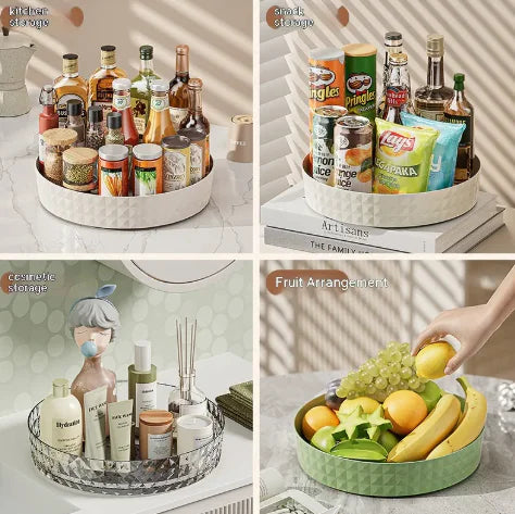 Kitchen Home Multi-function Rotating Storage Box displaying condiments, snacks, cosmetics, and fresh fruit on different surfaces.