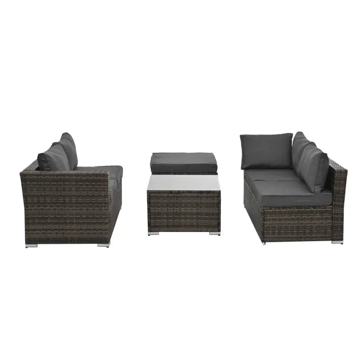 Patio Furniture, Outdoor Furniture, Seasonal PE Wicker Furniture, 4 Set Wicker Furniture With Tempered Glass Coffee Table in dark gray cushions
