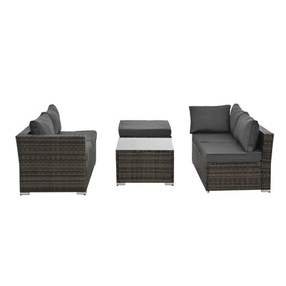 Patio Furniture, Outdoor Furniture, Seasonal PE Wicker Furniture, 4 Set Wicker Furniture With Tempered Glass Coffee Table in dark gray cushions