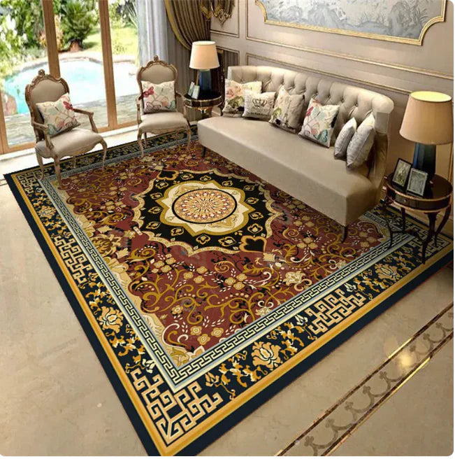 Portable Islamic Prayer Mat – Non-Slip, Travel-Friendly Rug with ornate red, gold, and black floral medallion design in elegant living room