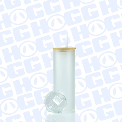 20oz SUBLIMATABLE MATTE GLASS SKINNY DUO TUMBLER with bamboo lid, clear straw, and spare sliding lid on reflective surface