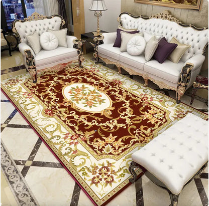 Portable Islamic Prayer Mat – Non-Slip, Travel-Friendly Rug with rich maroon background and ornate cream and gold floral medallion design