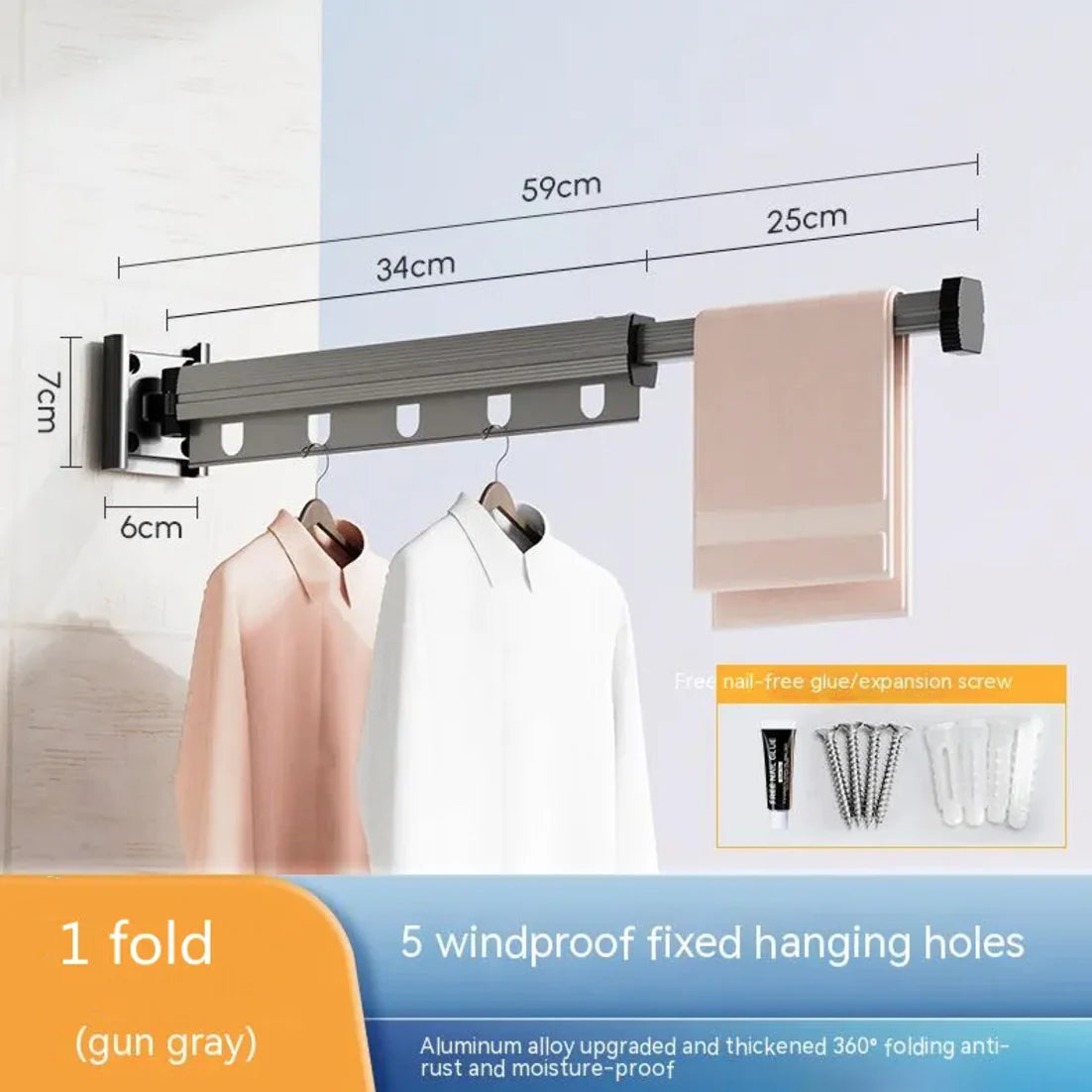 Retractable Aluminum Suction Cup Clothes Hanger with one-fold extendable gun gray aluminum arm and 5 windproof hanging slots