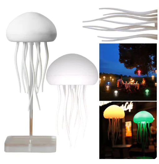 Color Changing Can Be Hung Can Stand Voice Control Jellyfish Lamp shown in white and glowing colors indoors and outdoors