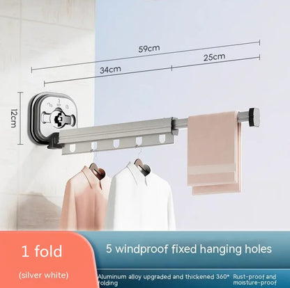 Retractable Aluminum Suction Cup Clothes Hanger with 5 fixed windproof holes and one-fold extendable silver white aluminum rod