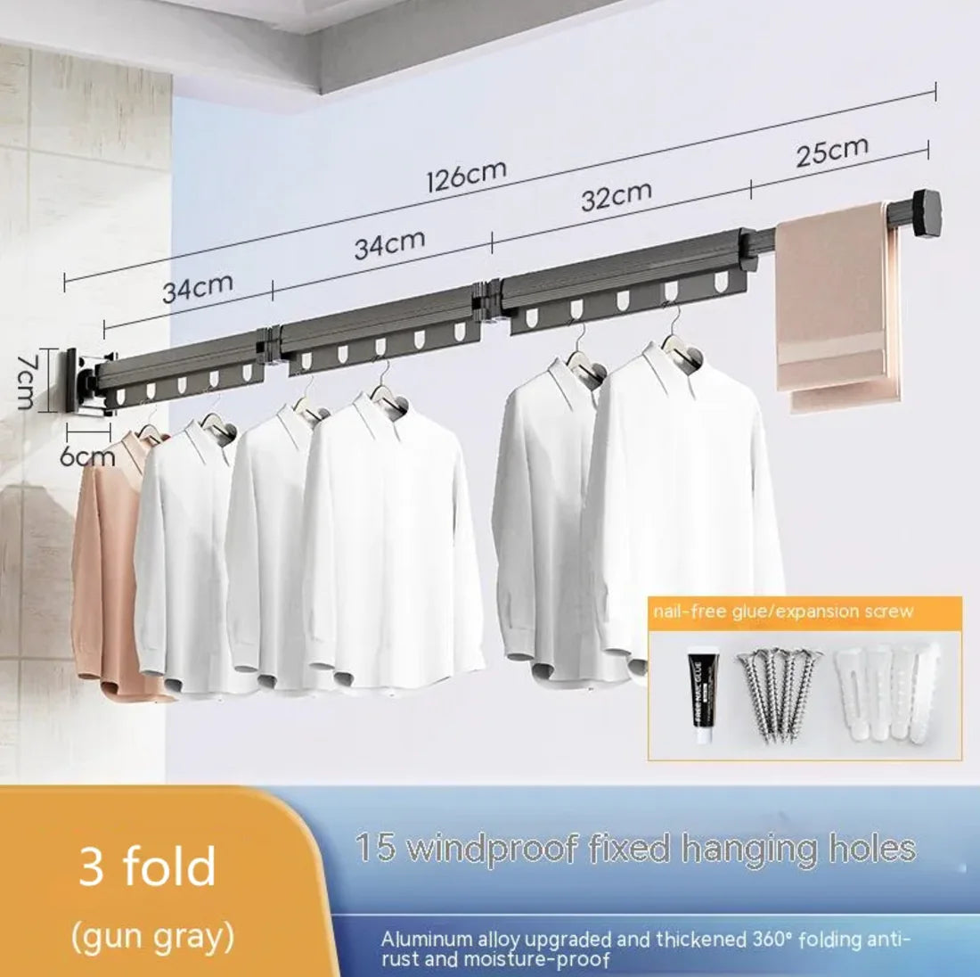 Retractable Aluminum Suction Cup Clothes Hanger with 15 windproof holes and 3-fold extendable aluminum rod in gun gray color