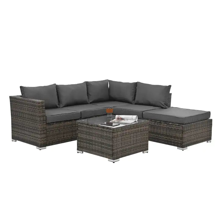 Patio Furniture, Outdoor Furniture, Seasonal PE Wicker Furniture, 4 Set Wicker Furniture With Tempered Glass Coffee Table in brown wicker with dark cushions