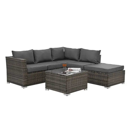 Patio Furniture, Outdoor Furniture, Seasonal PE Wicker Furniture, 4 Set Wicker Furniture With Tempered Glass Coffee Table in brown wicker with dark cushions