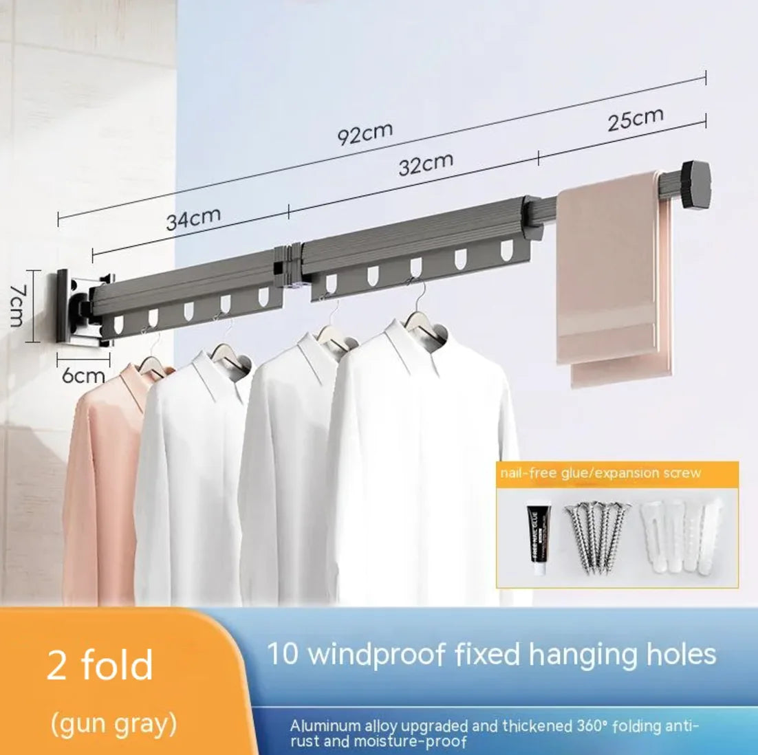 Retractable Aluminum Suction Cup Clothes Hanger with 10 windproof holes and 2-fold extendable aluminum frame in gun gray finish