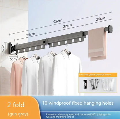 Retractable Aluminum Suction Cup Clothes Hanger with 10 windproof holes and 2-fold extendable aluminum frame in gun gray finish