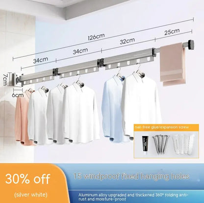 Retractable Aluminum Suction Cup Clothes Hanger with 15 windproof fixed holes and foldable corrosion-resistant aluminum alloy frame