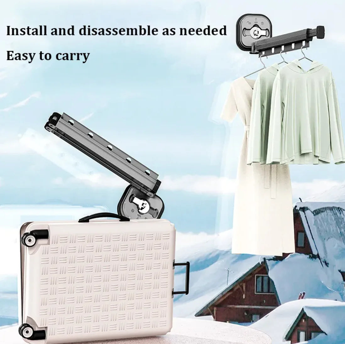 Retractable Aluminum Suction Cup Clothes Hanger showing foldable design for easy carrying and installation on outdoor snowy background