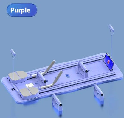 Multifunctional Fitness Tablet in purple with detachable resistance bars, foot pads, and smartphone holder for home exercise