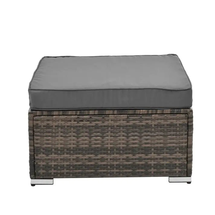 Patio Furniture, Outdoor Furniture, Seasonal PE Wicker Furniture, 4 Set Wicker Furniture With Tempered Glass Coffee Table cushioned ottoman in gray and brown wicker