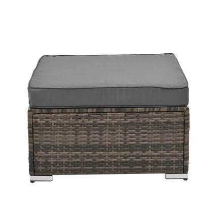 Patio Furniture, Outdoor Furniture, Seasonal PE Wicker Furniture, 4 Set Wicker Furniture With Tempered Glass Coffee Table cushioned ottoman in gray and brown wicker