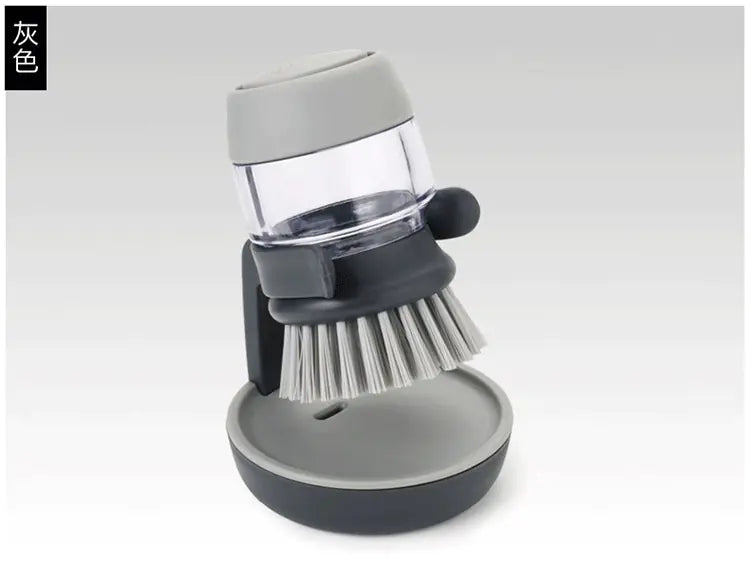 Furniture, Kitchen, and Cleaning Essentials gray pot dish brush with clear soap dispenser and matching holder on white background
