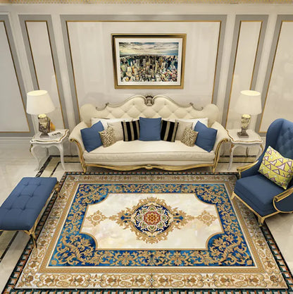 Portable Islamic Prayer Mat – Non-Slip, Travel-Friendly Rug with ornate blue, gold, and beige floral designs in a luxurious living room