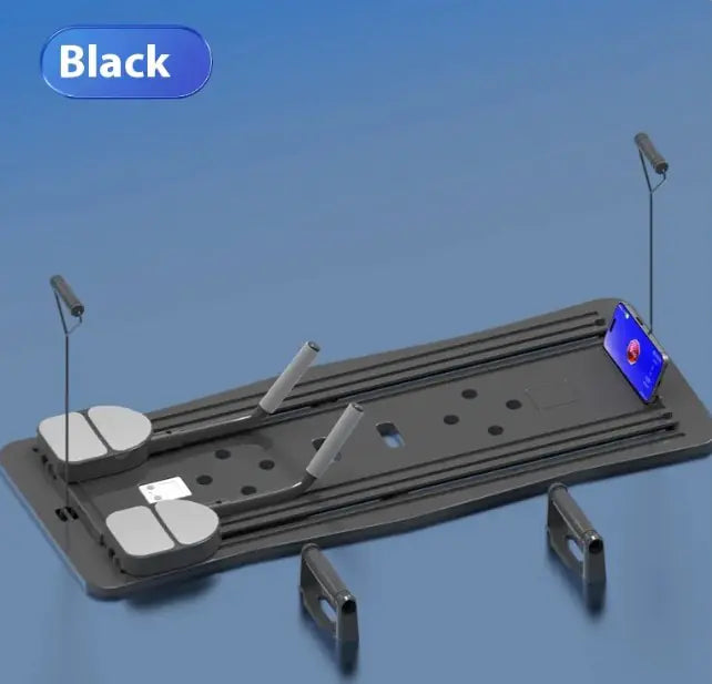 Multifunctional Fitness Tablet in black with detachable handles, foot pads, and smartphone holder for versatile home workouts