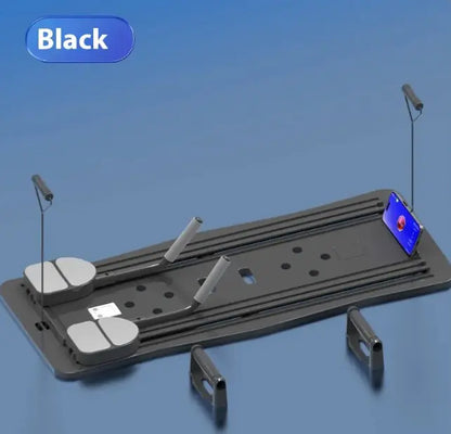 Multifunctional Fitness Tablet in black with detachable handles, foot pads, and smartphone holder for versatile home workouts