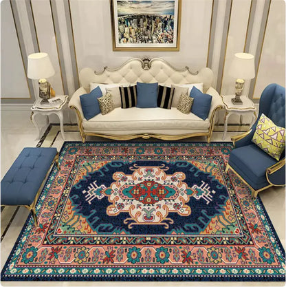 Portable Islamic Prayer Mat – Non-Slip, Travel-Friendly Rug with vibrant geometric and floral patterns in a stylish living room setting