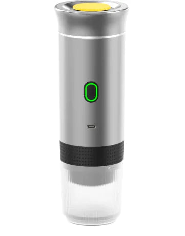 Wireless Capsule Coffee Maker shown in silver with green power indicator and transparent lower chamber for coffee brewing