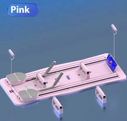 Multifunctional Fitness Tablet in pink with adjustable handles, foot pads, and smartphone stand for versatile training