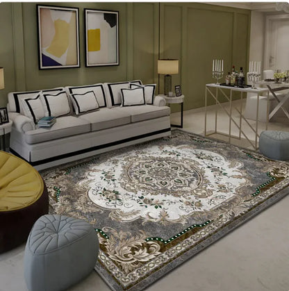 Portable Islamic Prayer Mat – Non-Slip, Travel-Friendly Rug with ornate beige and green floral medallion design in modern living room setting